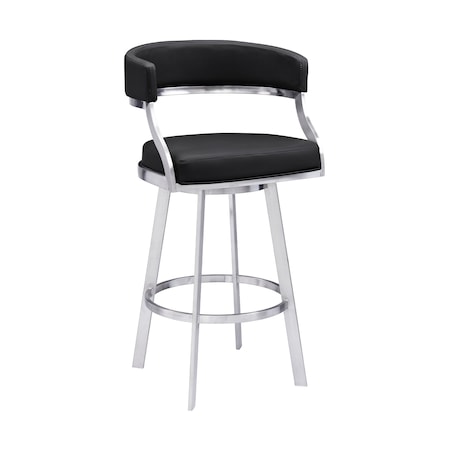 Armen Living Dione 26" Counter Height Swivel Black Faux Leather and Brushed Stainless Steel Bar Stool 840254335158
